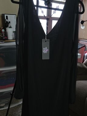 HAODUOYI Black Maxi Dress with Sheer Long Sleeves